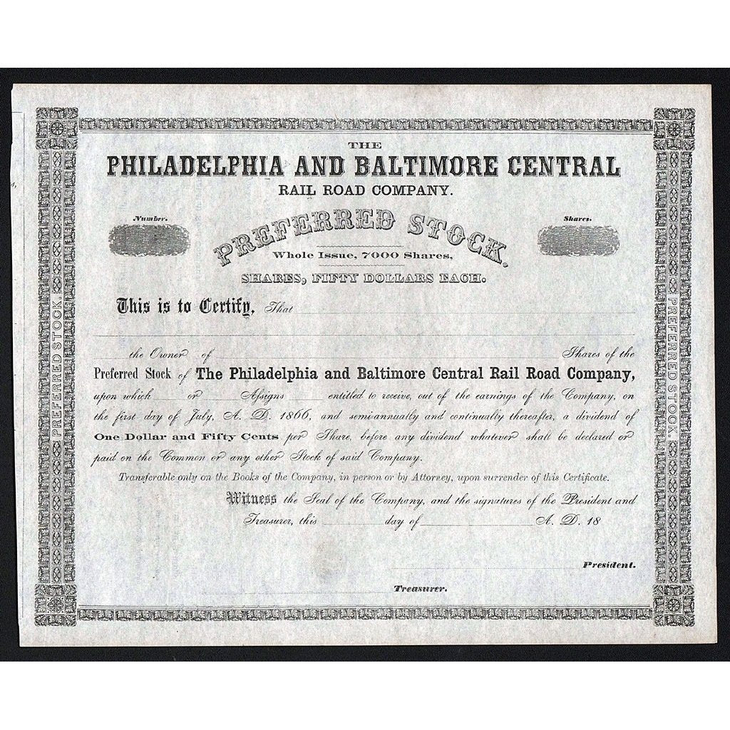 The Philadelphia and Baltimore Central Rail Road Company Stock Certificate