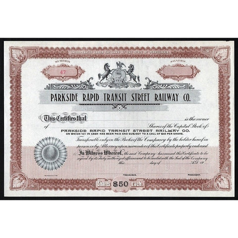Parkside Rapid Transit Street Railway Co. Stock Certificate