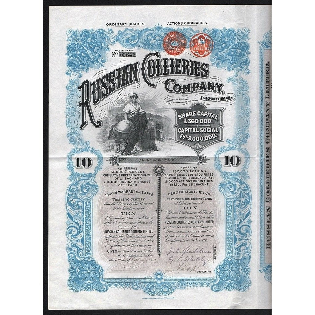 Russian Collieries Company, Limited Stock Certificate