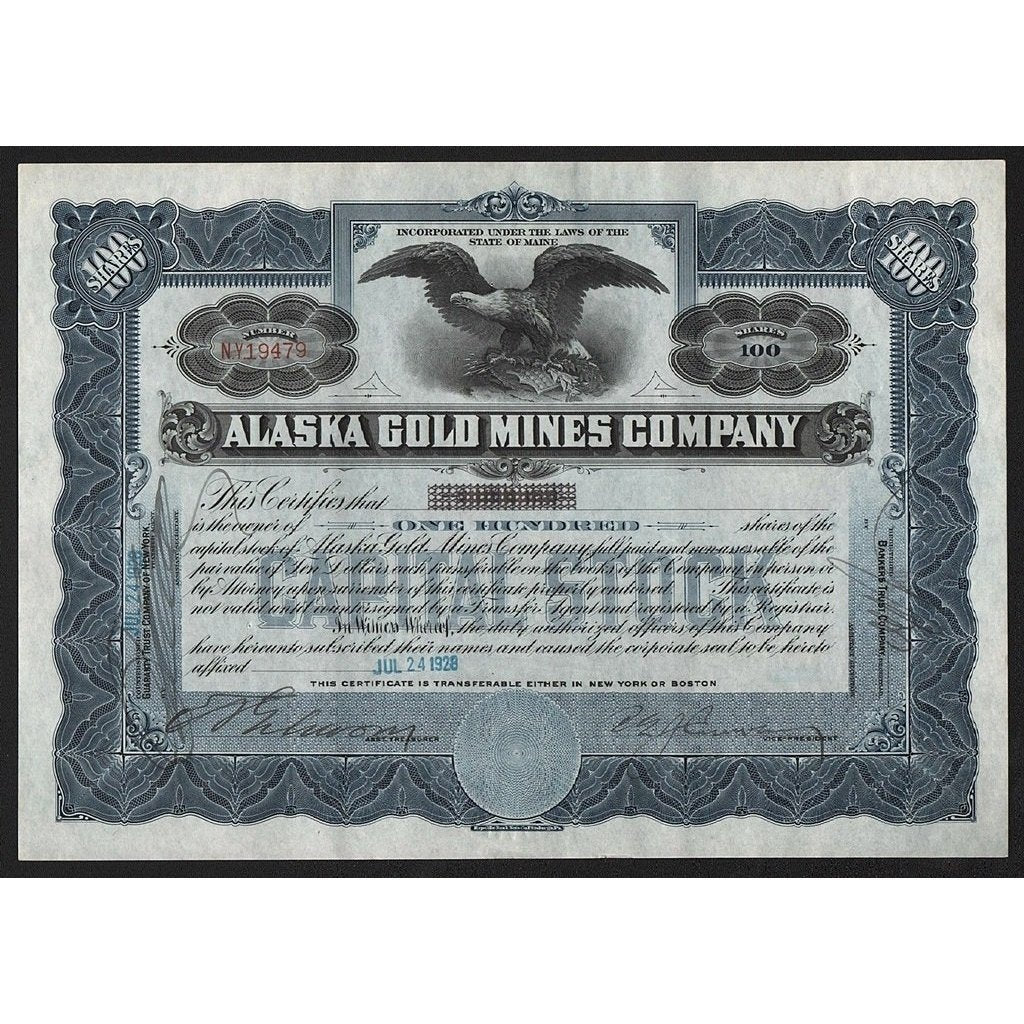 Alaska Gold Mines Company 1928 Maine Stock Certificate