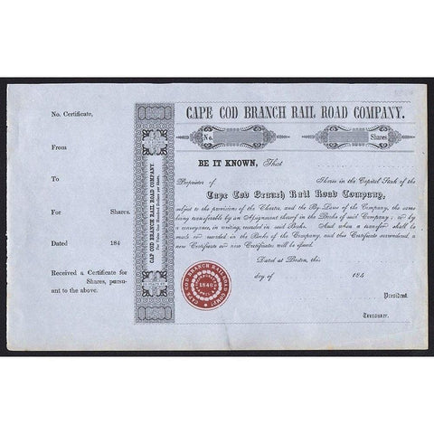 1840s Cape Cod Branch Rail Road Company Stock Certificate