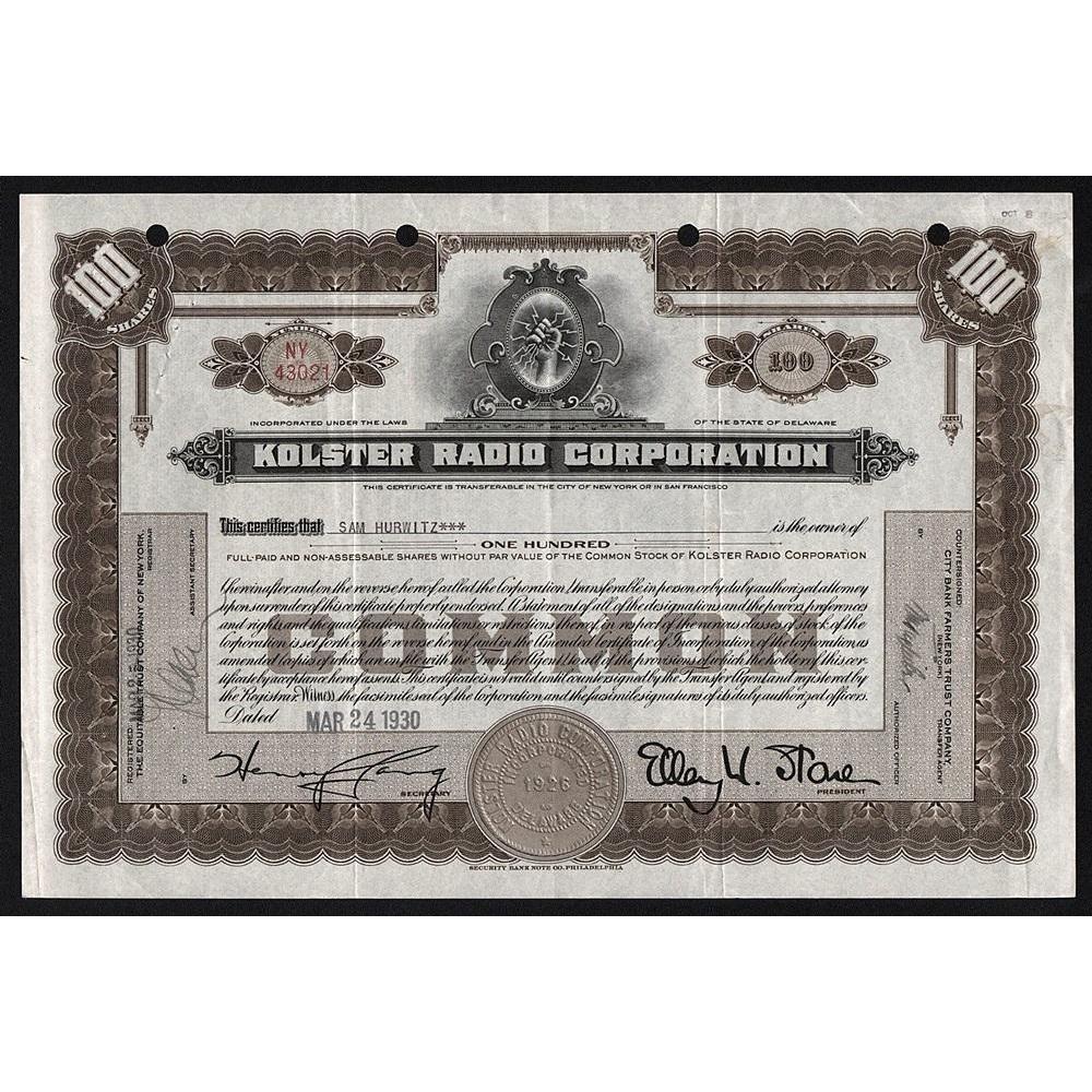 Kolster Radio Corporation Stock Certificate