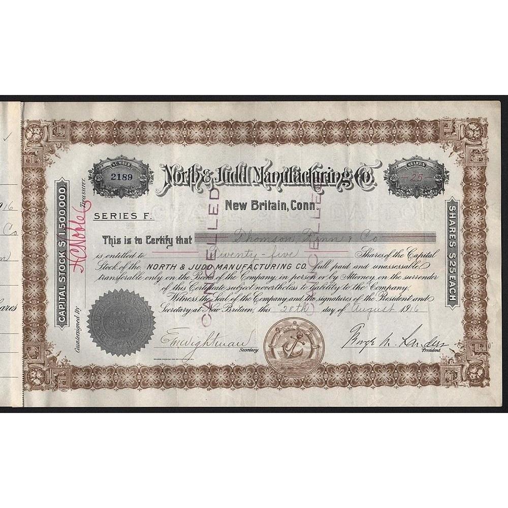 North & Judd Manufacturing Co., New Britain, Conn. Stock Certificate