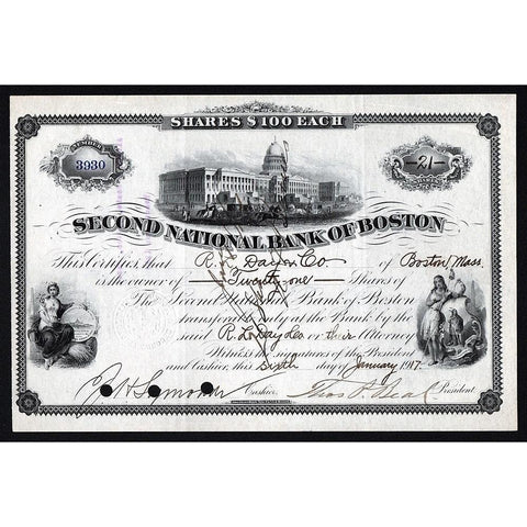 Second National Bank of Boston 1917 Stock Certificate