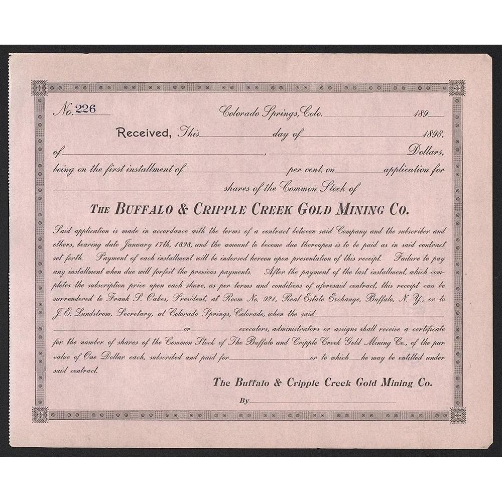 The Buffalo & Cripple Creek Gold Mining Co. Stock Certificate