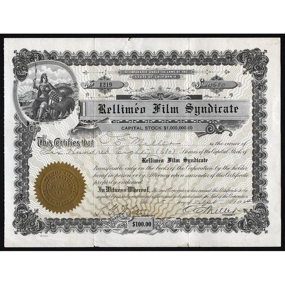 Rellimeo Film Syndicate Stock Certificate