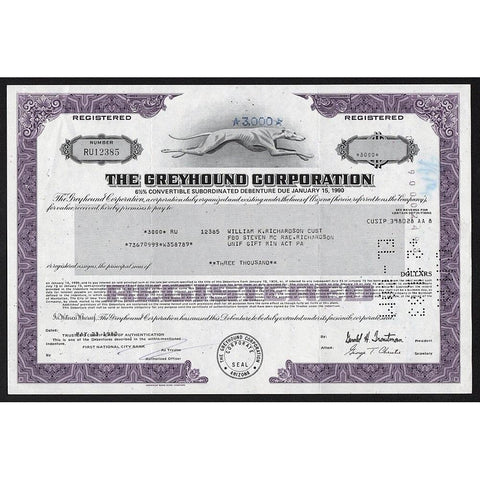 The Greyhound Corporation Bond Stock Certificate