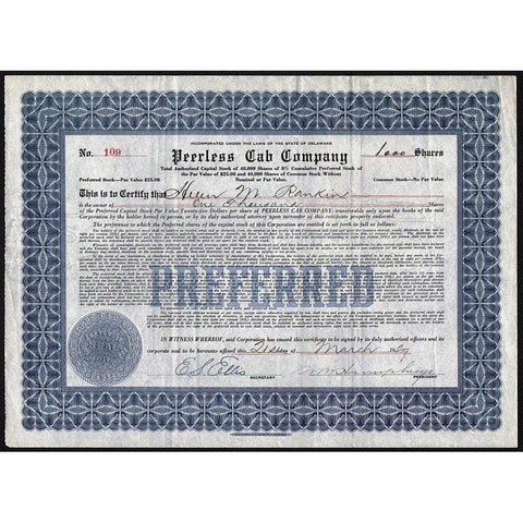 Peerless Car Company Stock Certificate