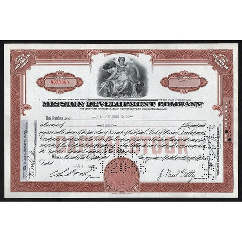 Mission Development Company (Bear Stearns) Stock Certificate