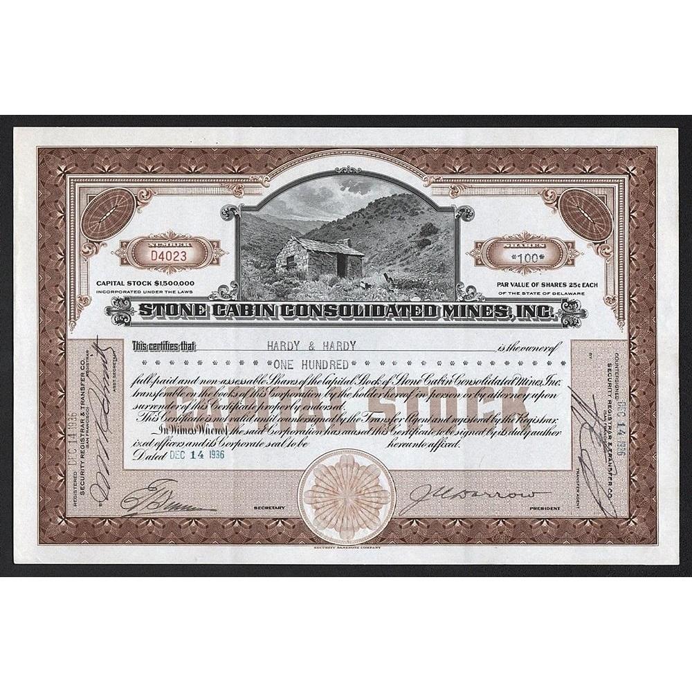 Stone Cabin Consolidated Mines, Inc. Stock Certificate