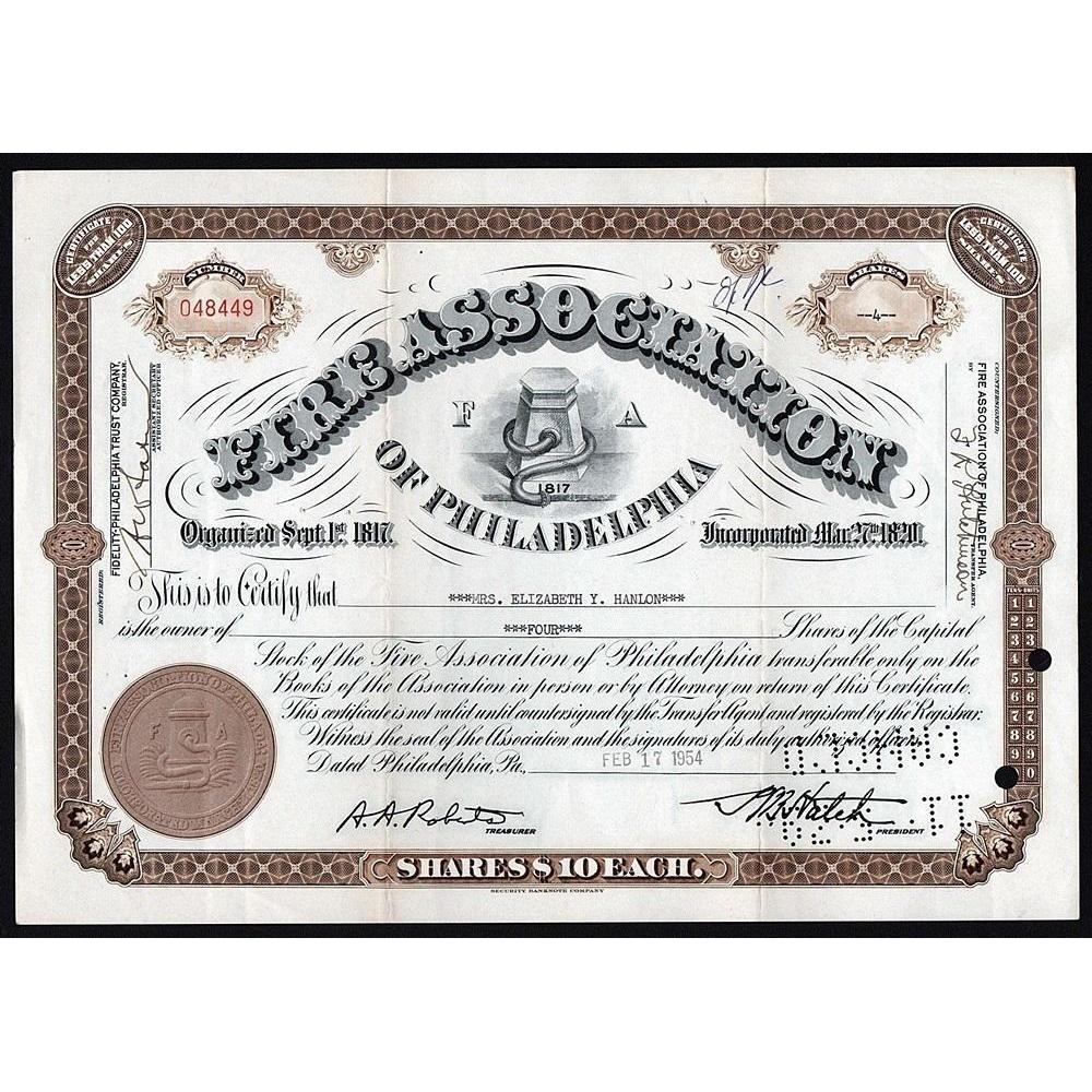 Fire Association of Philadelphia Stock Certificate