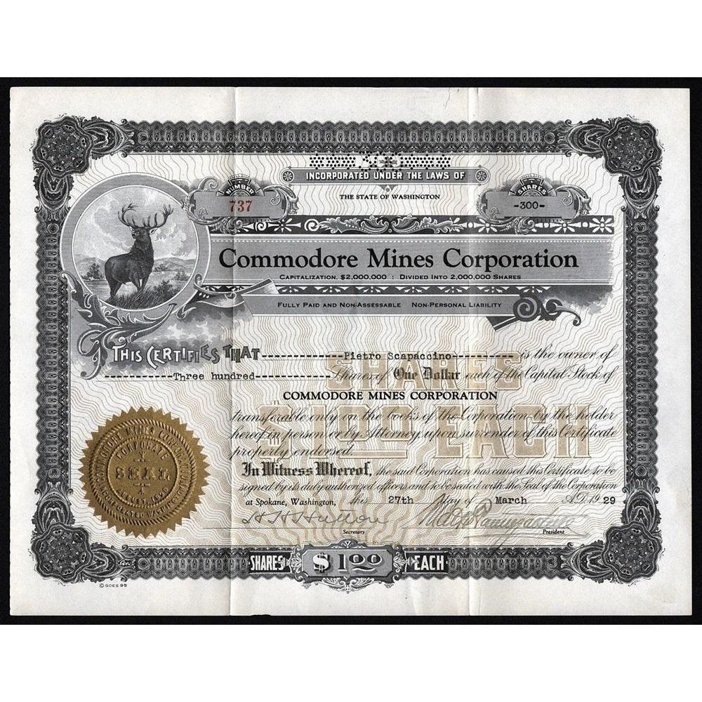 Commodore Mines Corporation Stock Certificate
