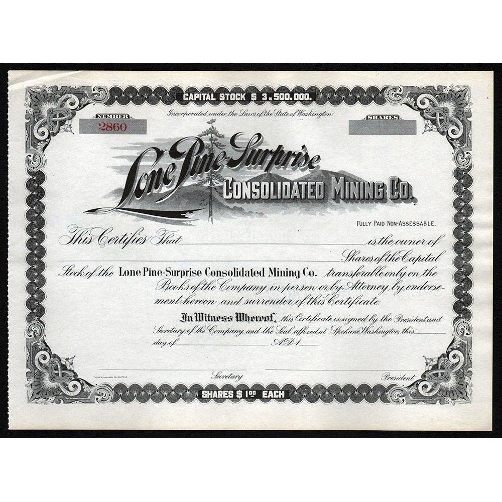 Lone Pine Surprise Consolidated Mining Co. Stock Certificate