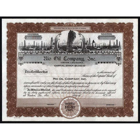 Rio Oil Company, Inc. Vinton Louisiana Stock Certificate