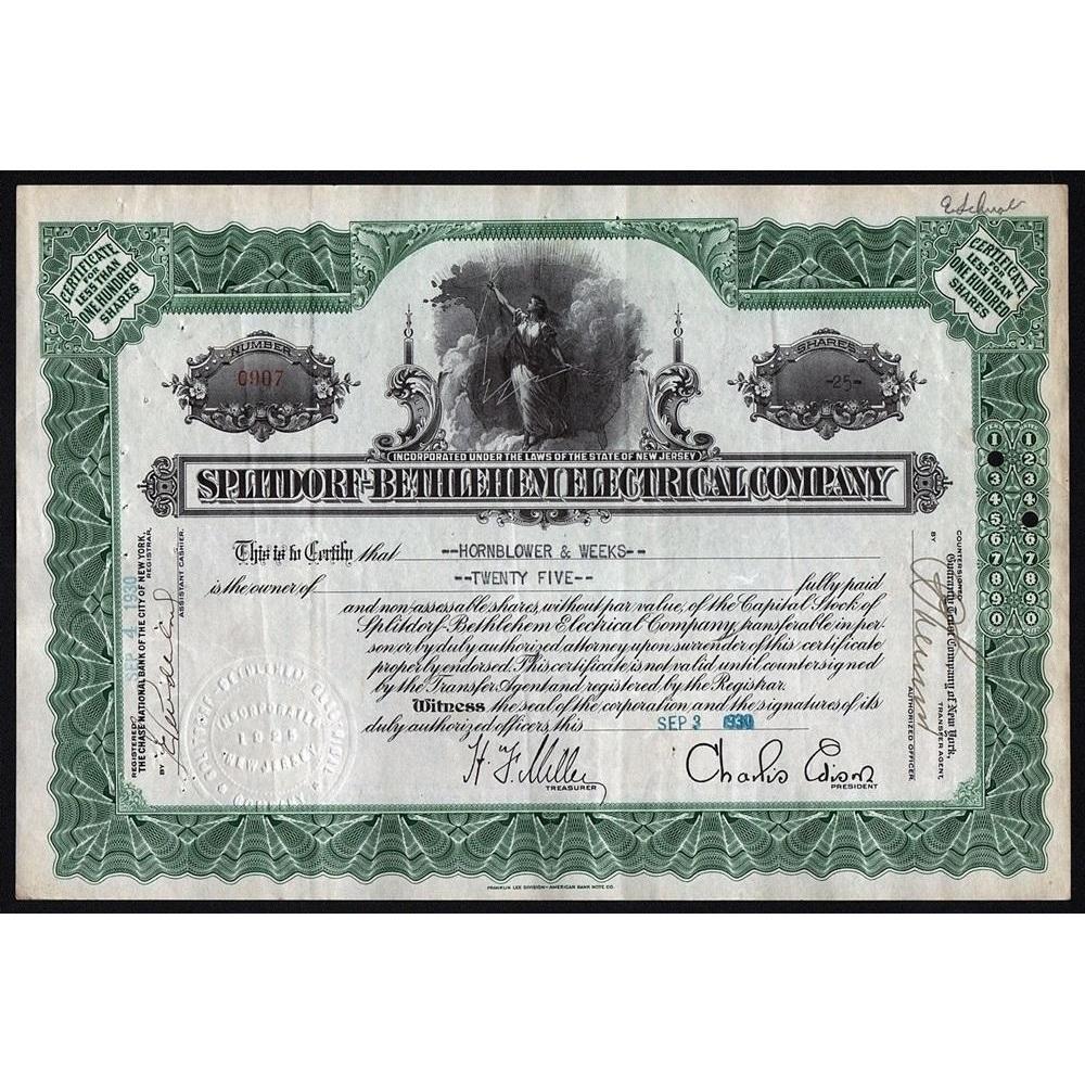 Splitdorf-Bethlehem Electrical Company (Charles Edison) Stock Certificate