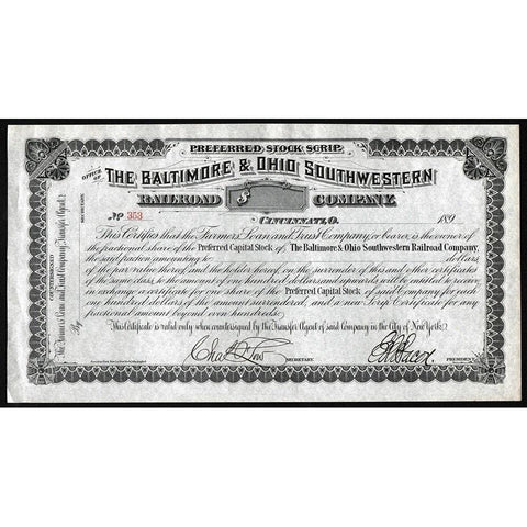 Office of The Baltimore & Ohio Southwestern Railroad Company Stock Certificate