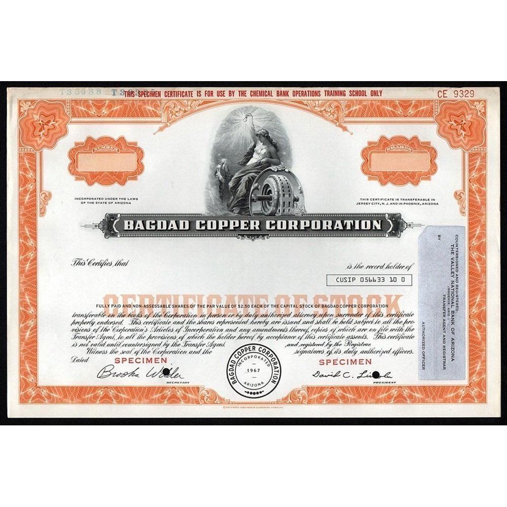 Bagdad Copper Corporation (Specimen) Stock Certificate