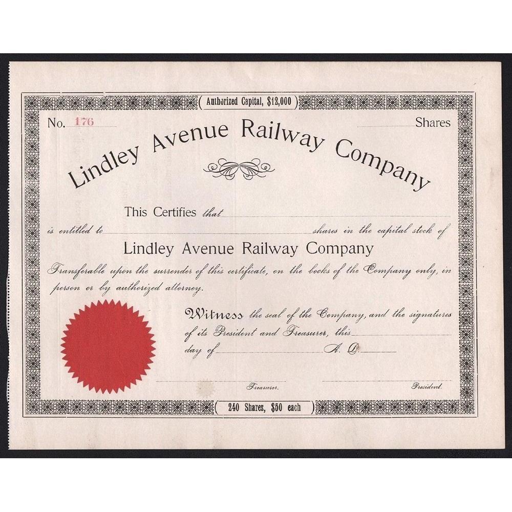Lindley Avenue Railway Company Stock Certificate