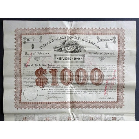 State of Nebraska, County of Seward, $1000 Refunding Bond Stock Certificate
