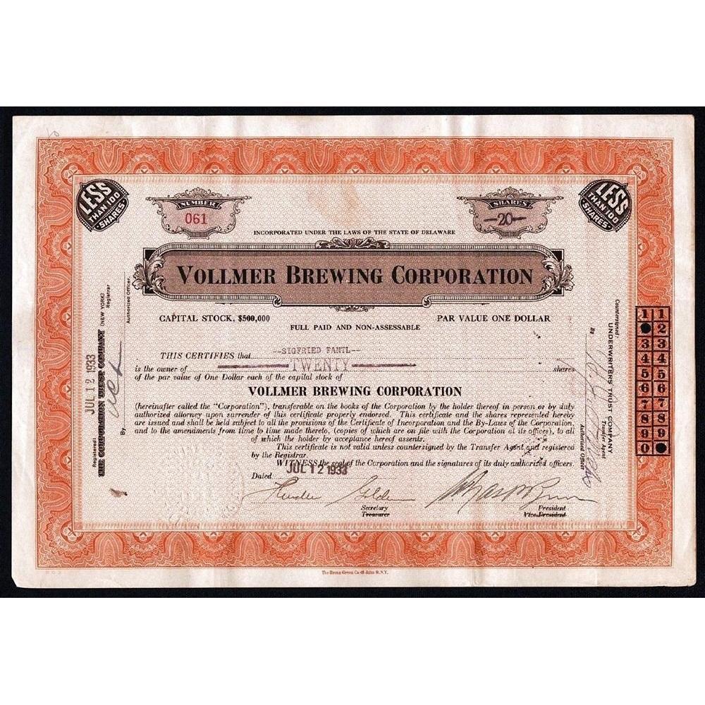 Vollmer Brewing Corporation Stock Certificate