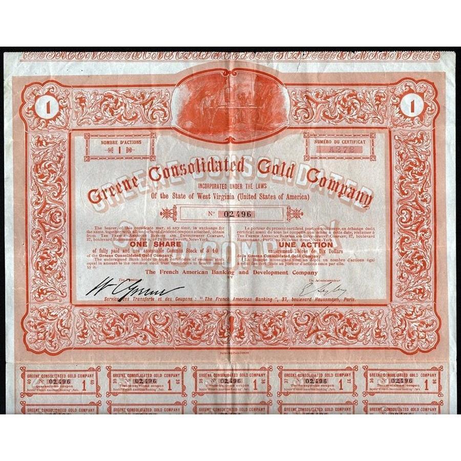 Greene Consolidated Gold Company Stock Certificate
