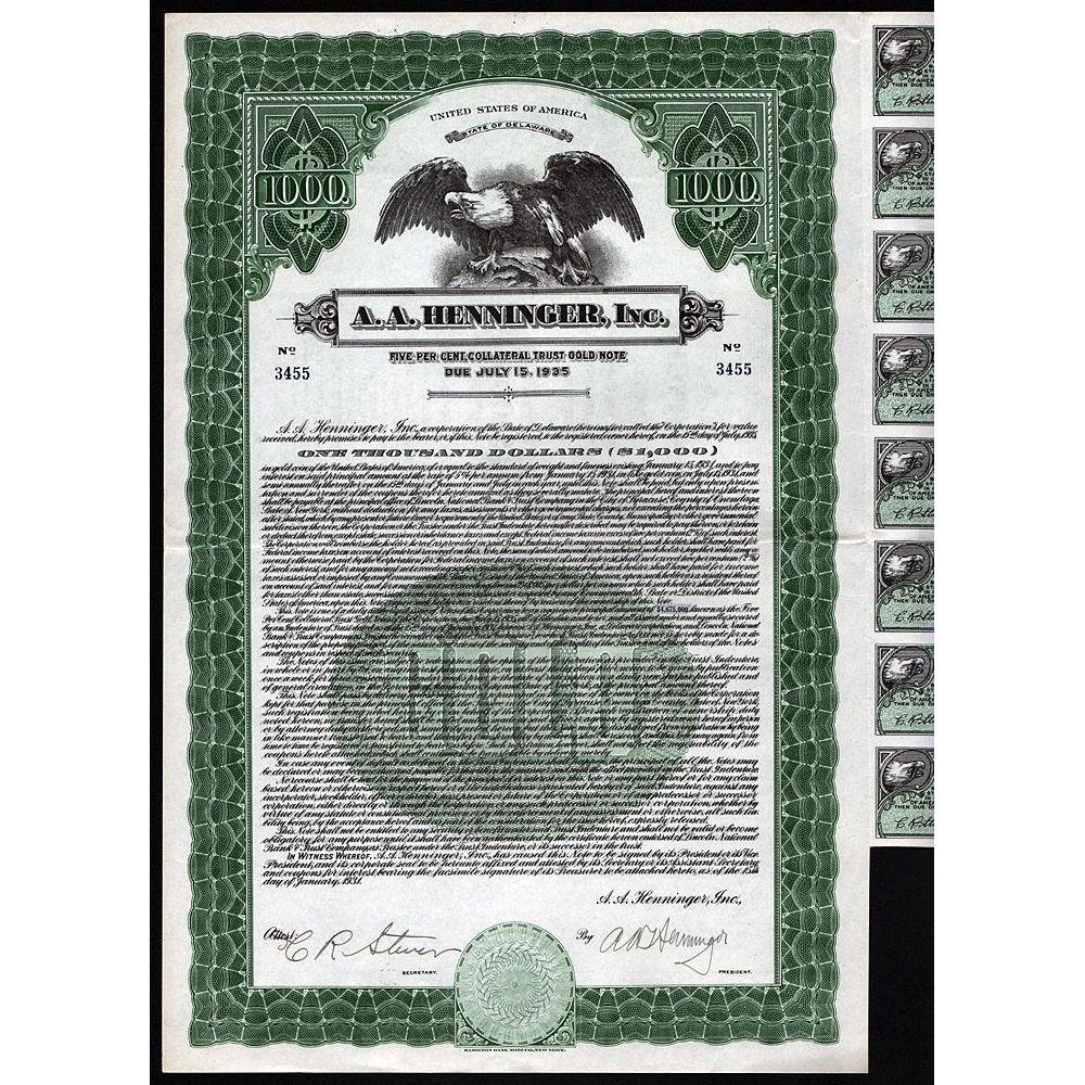 A.A. Henninger, Inc. Stock Certificate