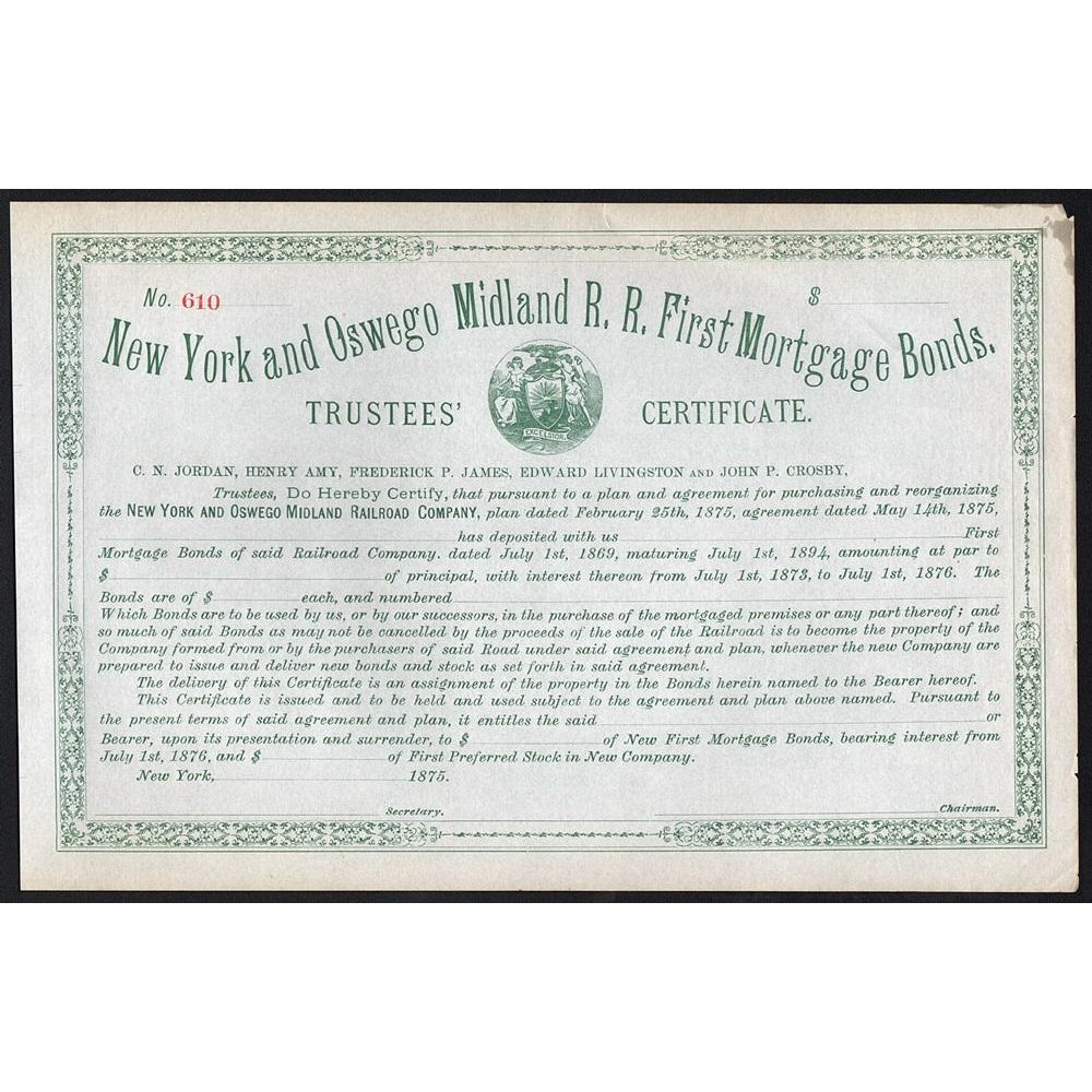 New York and Oswego Midland R.R. First Mortgage Bonds 1875