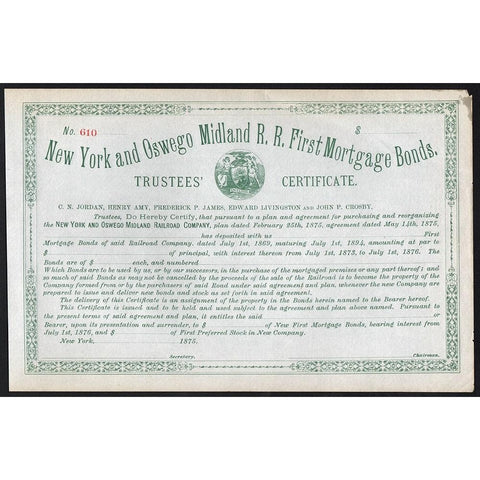 New York and Oswego Midland R.R. First Mortgage Bonds 1875