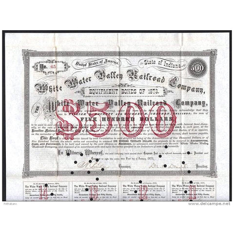 The White Water Valley Railroad Company 1873 Indiana Bond Certificate