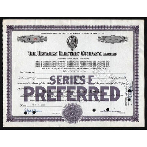 The Hawaiian Electric Company, Limited Stock Certificate