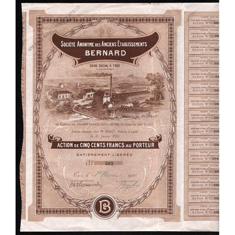 Societe Anonyme des Anciens Etablissements Bernard 1921 France Stock Certificate