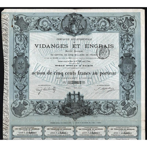 Compagnie Departmentale de Vidanges et Engrais Societe Anonyme 1879 Paris France Stock Certificate
