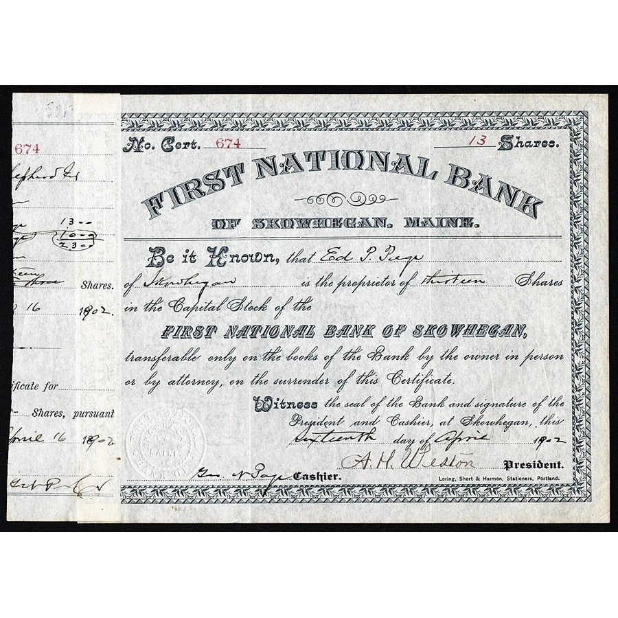 First National Bank of Skowhegan, Maine 1902 Stock Certificate