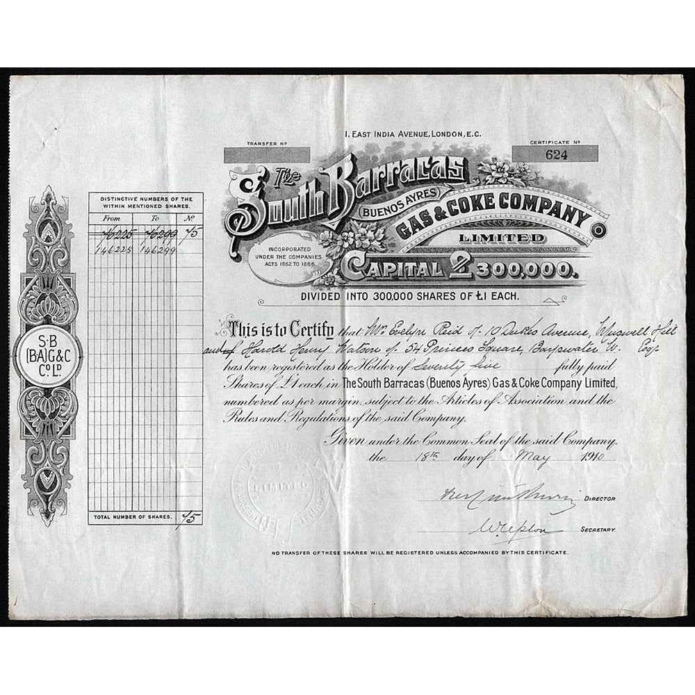 The South Barracas (Buenos Ayres) Gas & Coke Company Limited 1910 Stock Share Certificate