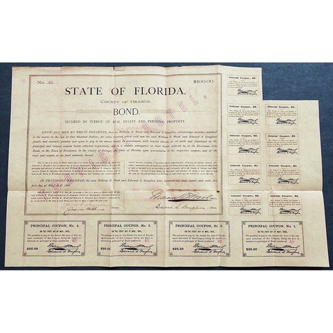 State of Florida, County of Orange, $100 Bond (overprint: "Tropical Hotel") Stock Certificate
