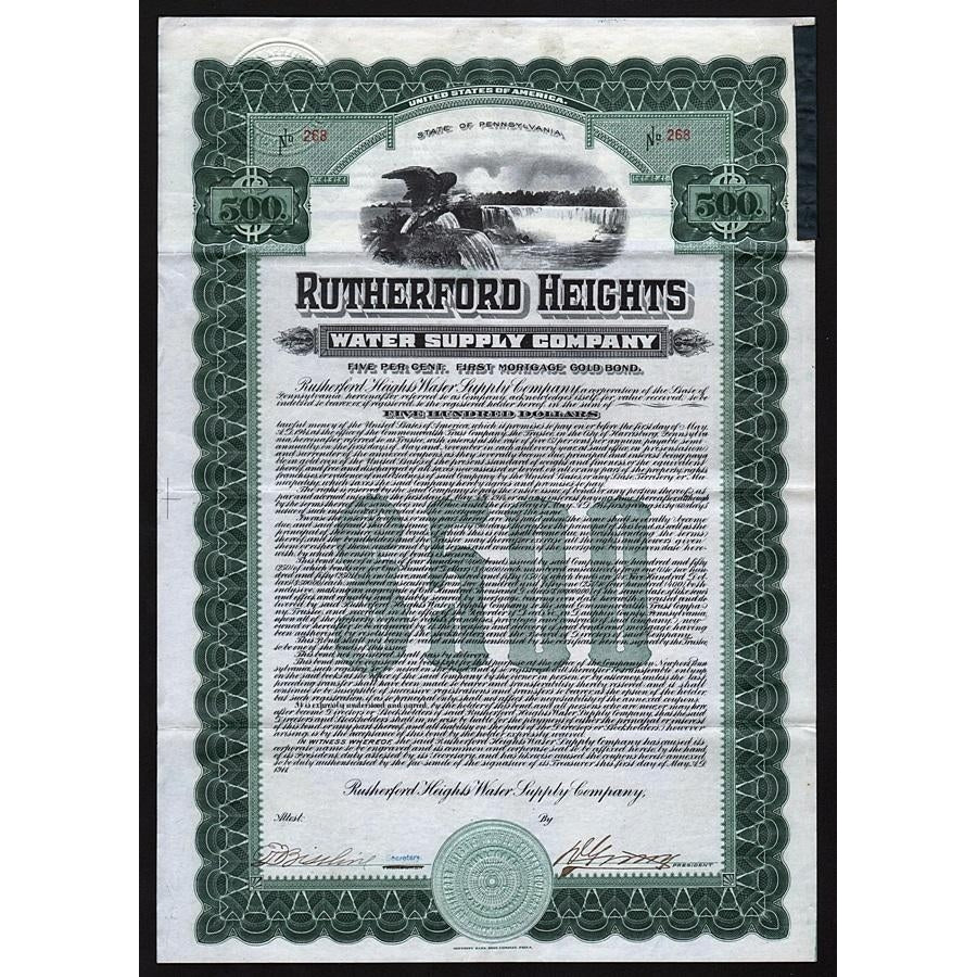 Rutherford Heights Water Supply Company 1911 Pennsylvania Gold Bond Certificate