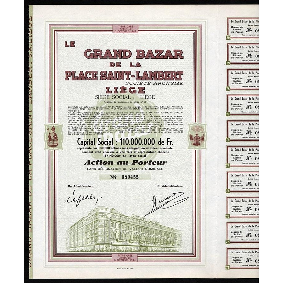 Le Grand Bazar de la Place Saint-Lambert Societe Anonyme Stock Certificate