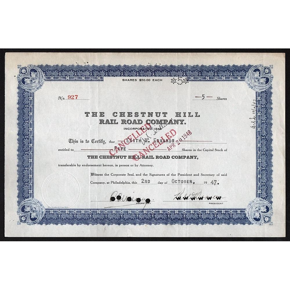 The Chestnut Hill Rail Road Company 1947 Philadelphia Stock Certificate