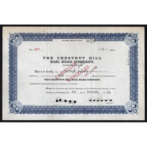 The Chestnut Hill Rail Road Company 1947 Philadelphia Stock Certificate