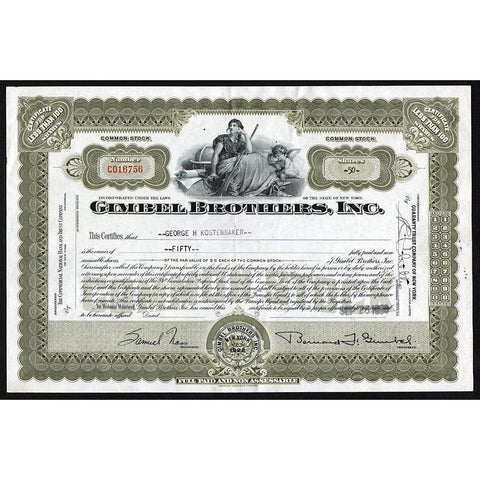 Gimbel Brothers, Inc. Stock Certificate