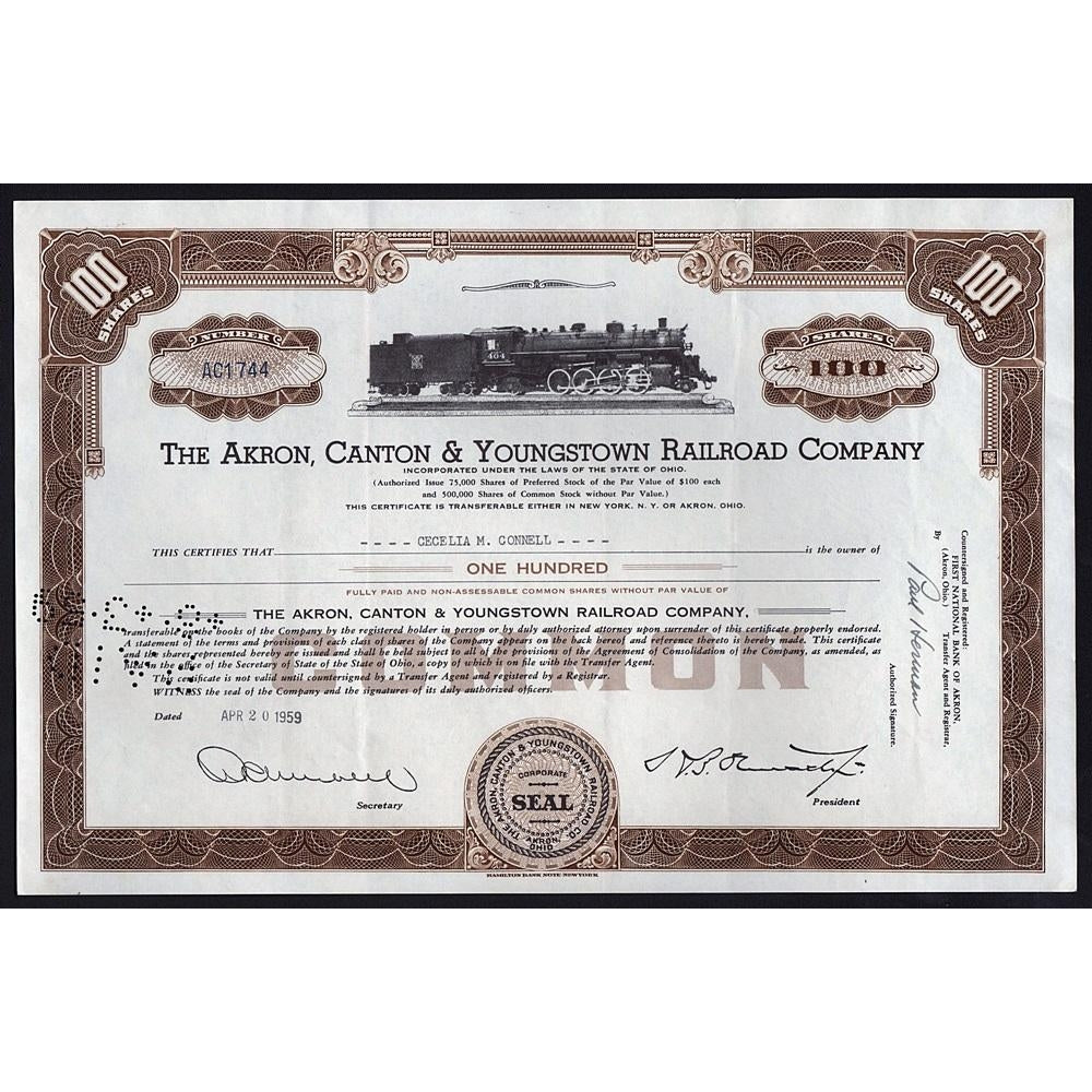 The Akron, Canton & Youngstown Railroad Company 1959 Stock Certificate