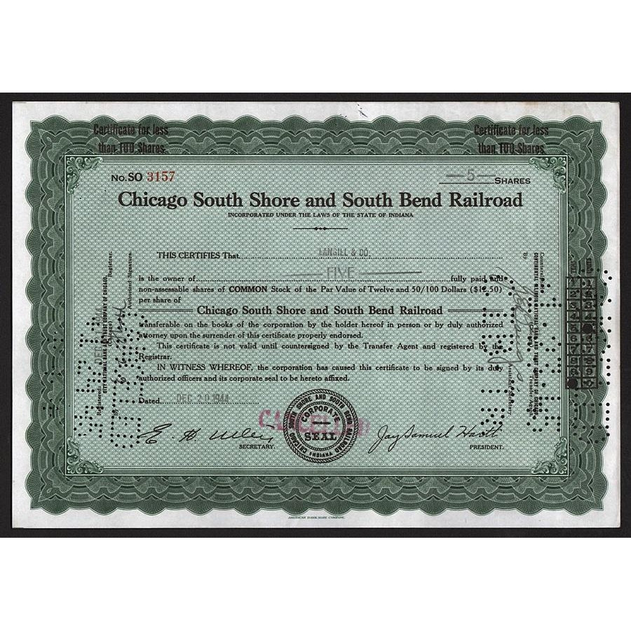 Chicago South Shore and South Bend Railroad 1944 Indiana Stock Certificate