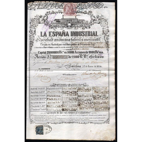 La Espana Industrial 1854 Barcelona Spain Stock Certificate