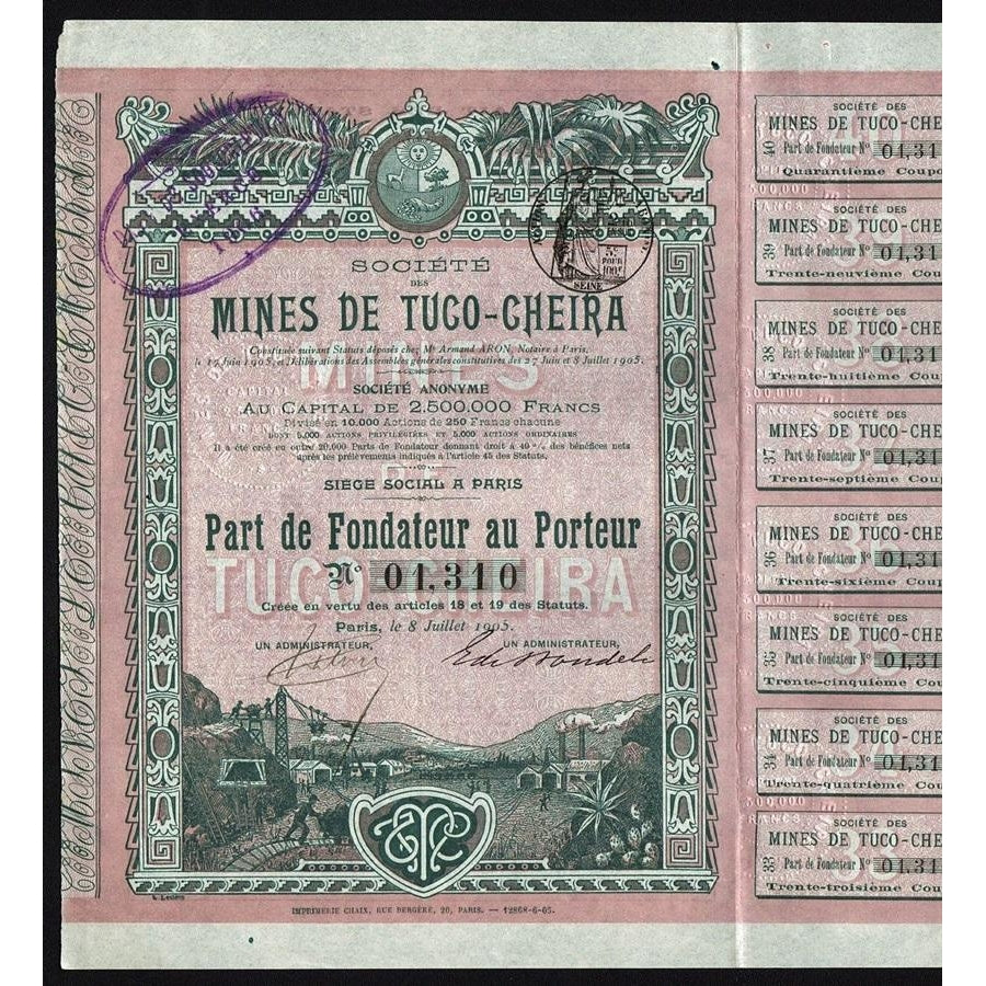 Societe des Mines de Tuco-Cheira 1905 Peru Stock Certificate