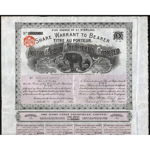 Ivory Coast Goldfields, Limited 1902 Stock Bond Certificate