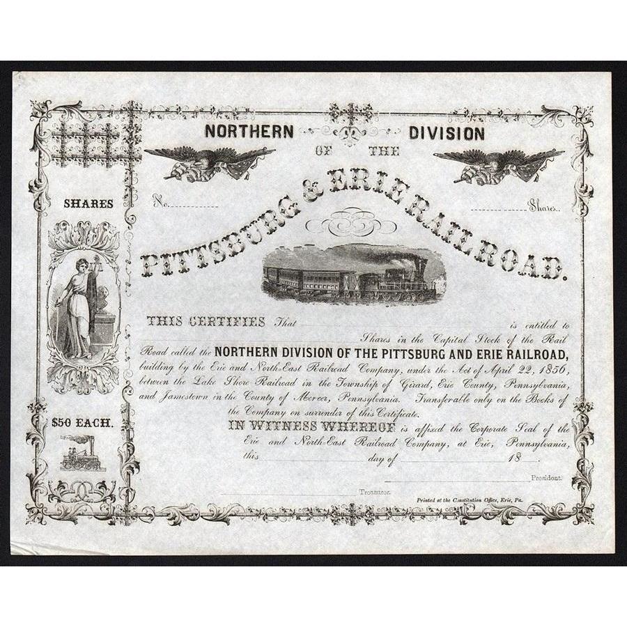 Northern Division of the Pittsburg & Erie Railroad Stock Certificate