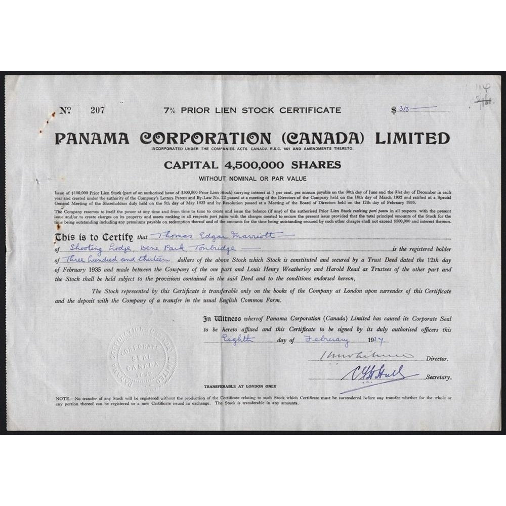 Panama Corporation (Canada) Limited 1934 Stock Certificate