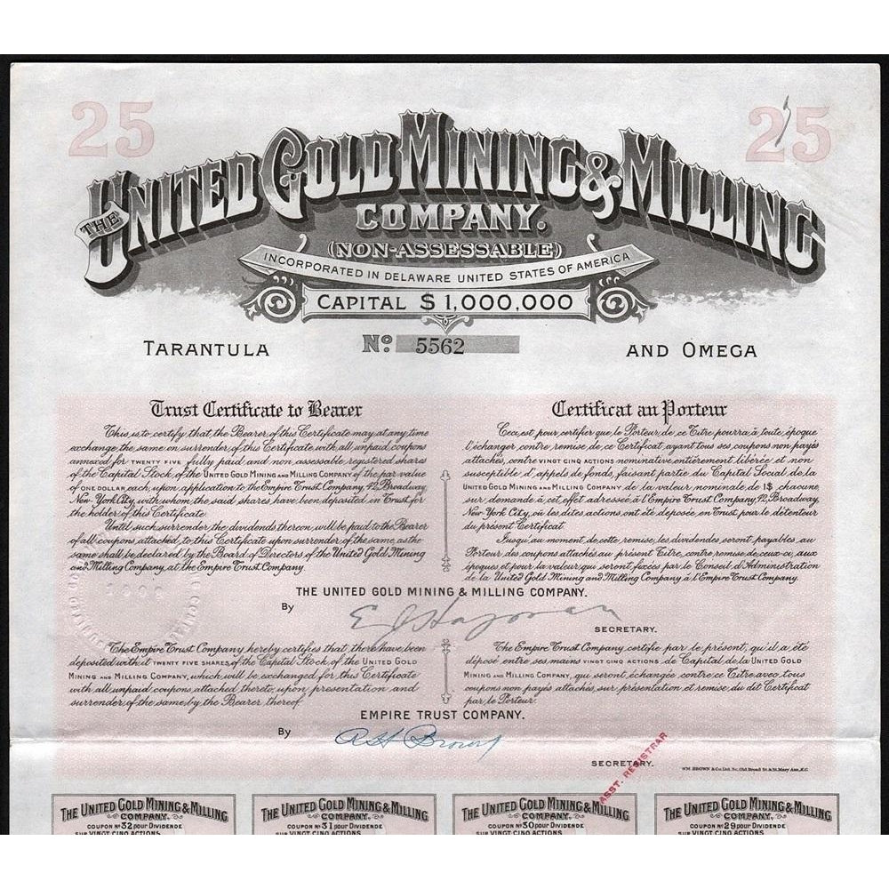 The United Gold Mining & Milling Company Tarantula and Omega 1908 Stock Certificate