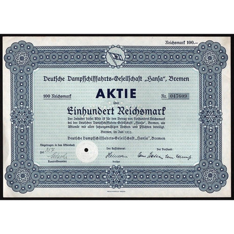 Deutsche Dampfschiffahrts-Gesellschaft "Hansa", 1933 Bremen, Germany  Stock Certificate