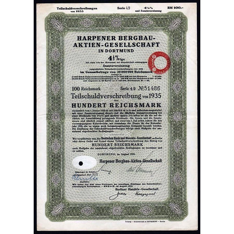 Harpener Bergbau- Aktien-Gesellschaft in Dortmund Germany 1935 Stock Bond Certificate